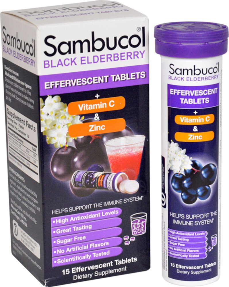 Шипучие таблетки из черной бузины плюс витамин С и цинк -- 15 шипучих таблеток Sambucol