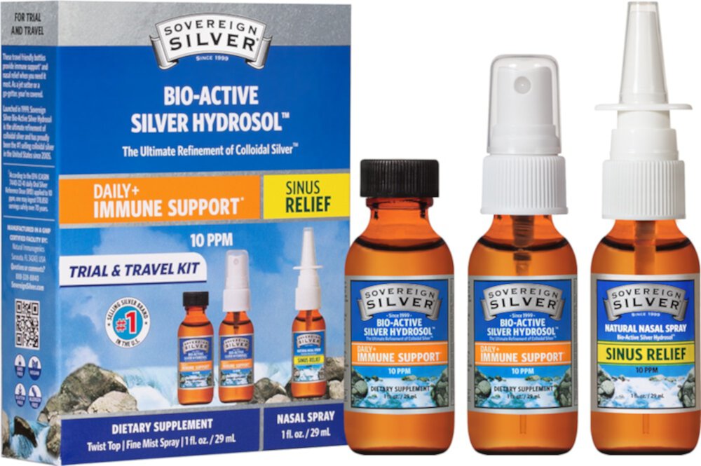 Bio-Active Silver Hydrosol Immune Support 3-Piece Trial & Travel Kit — 10 частей на миллион — 1 комплект Sovereign Silver