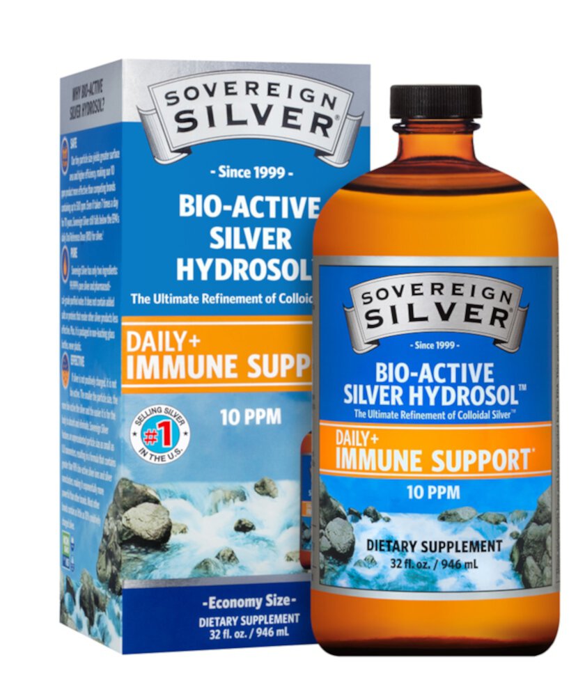 Bio-Active Silver Hydrosol Daily Plus Immune Support - Завинчивающаяся крышка - 10 частей на миллион - 32 жидких унции Sovereign Silver