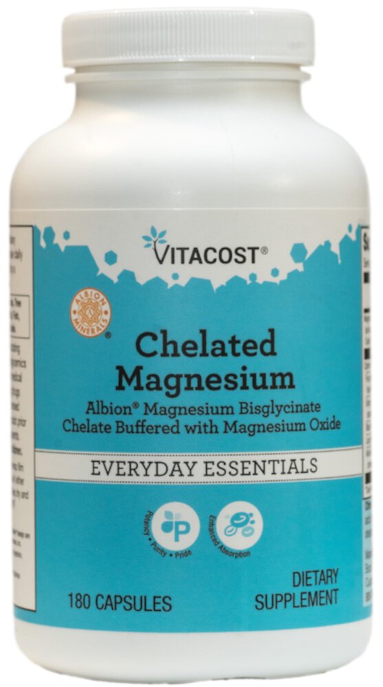 Chelated Magnesium - Albion Magnesium Bisglycinate Chelate Buffered with Magnesium Oxide -- 180 Capsules (Капсулы) Vitacost