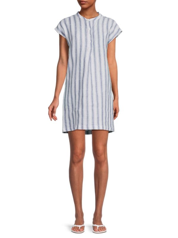 Льняное мини-платье в полоску с воротником-стойкой Saks Fifth Avenue