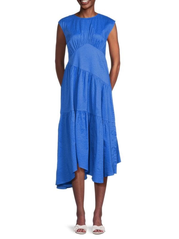 Asymmetric Tiered Seersucker Midi-Dress Frame