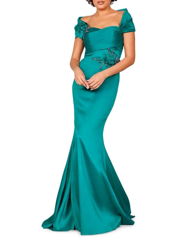 Платье-русалка с цветочным принтом и открытыми плечами Terani Couture