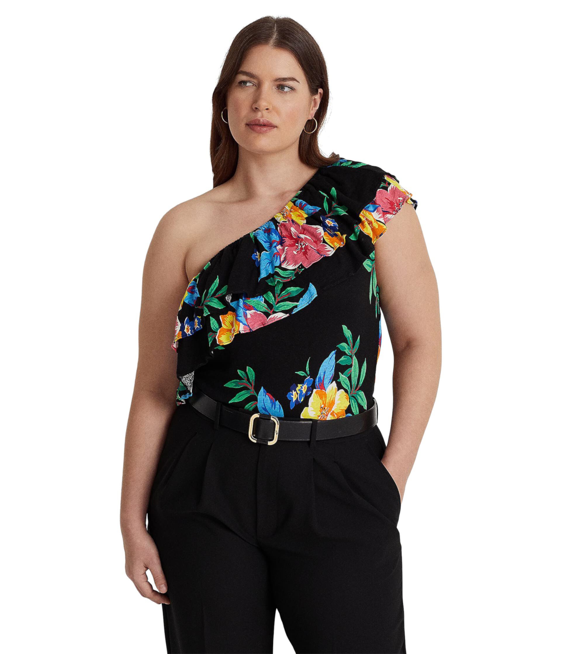 Plus Size Floral Jersey One-Shoulder Top LAUREN Ralph Lauren