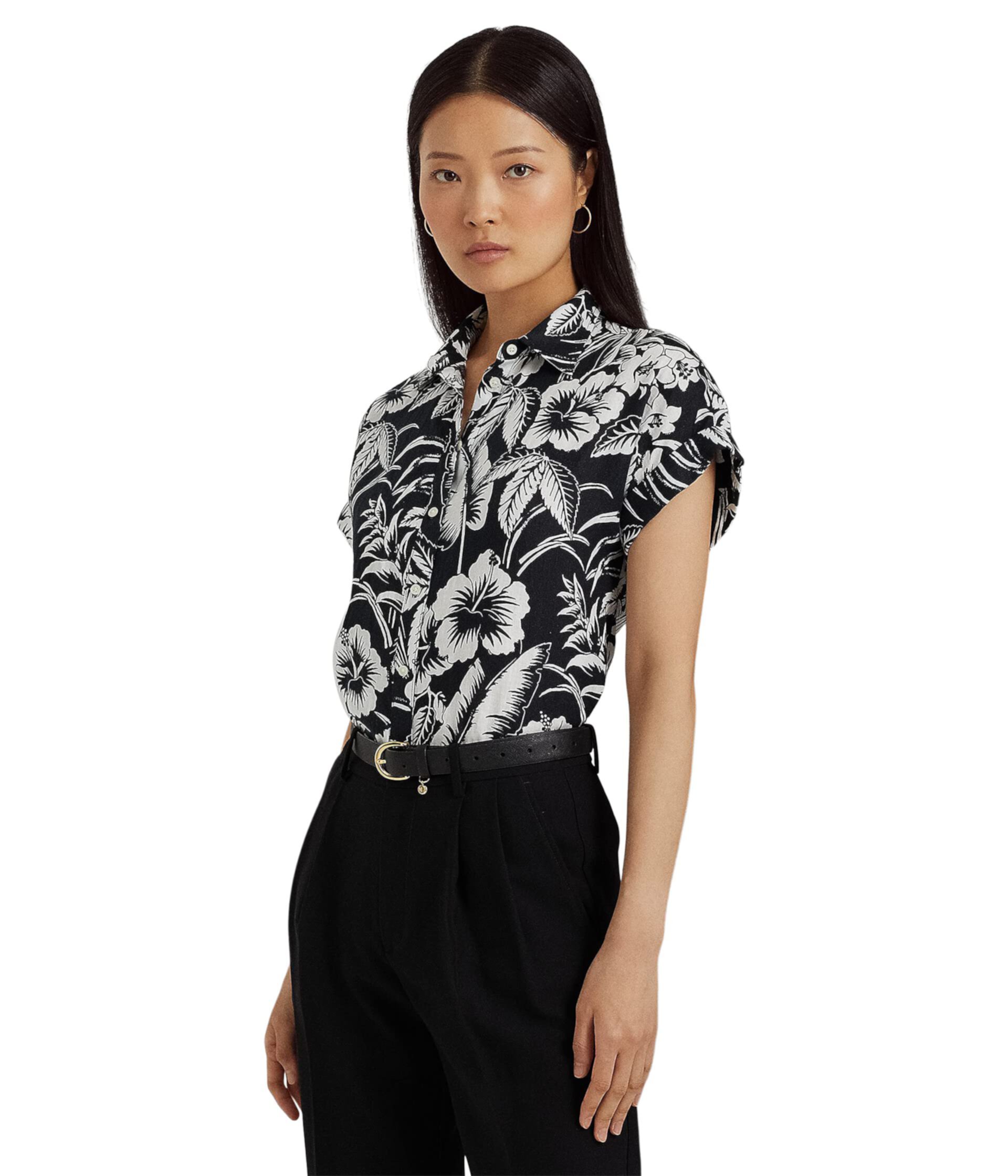 Льняная рубашка с коротким рукавом Petite с цветочным принтом LAUREN Ralph Lauren