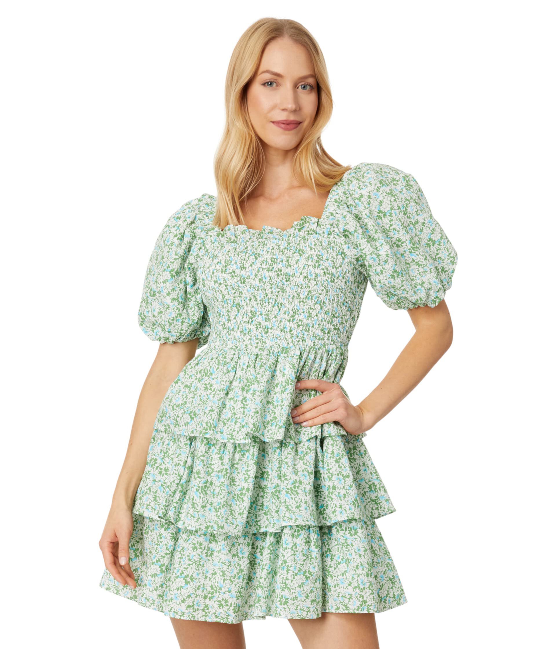Ярусное присборенное мини-платье из жатого льна с цветочным принтом English Factory