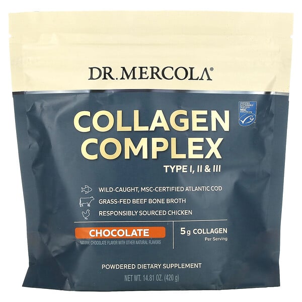 Коллагеновый комплекс тип I, II и III, Шоколад – 5 г – 420 г – Dr. Mercola Dr. Mercola
