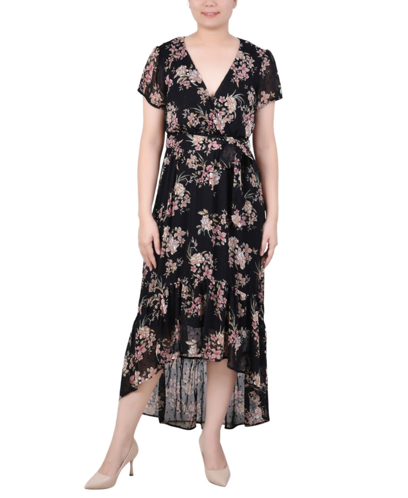 Миниатюрное шифоновое платье с короткими рукавами и высоким низким подолом NY Collection