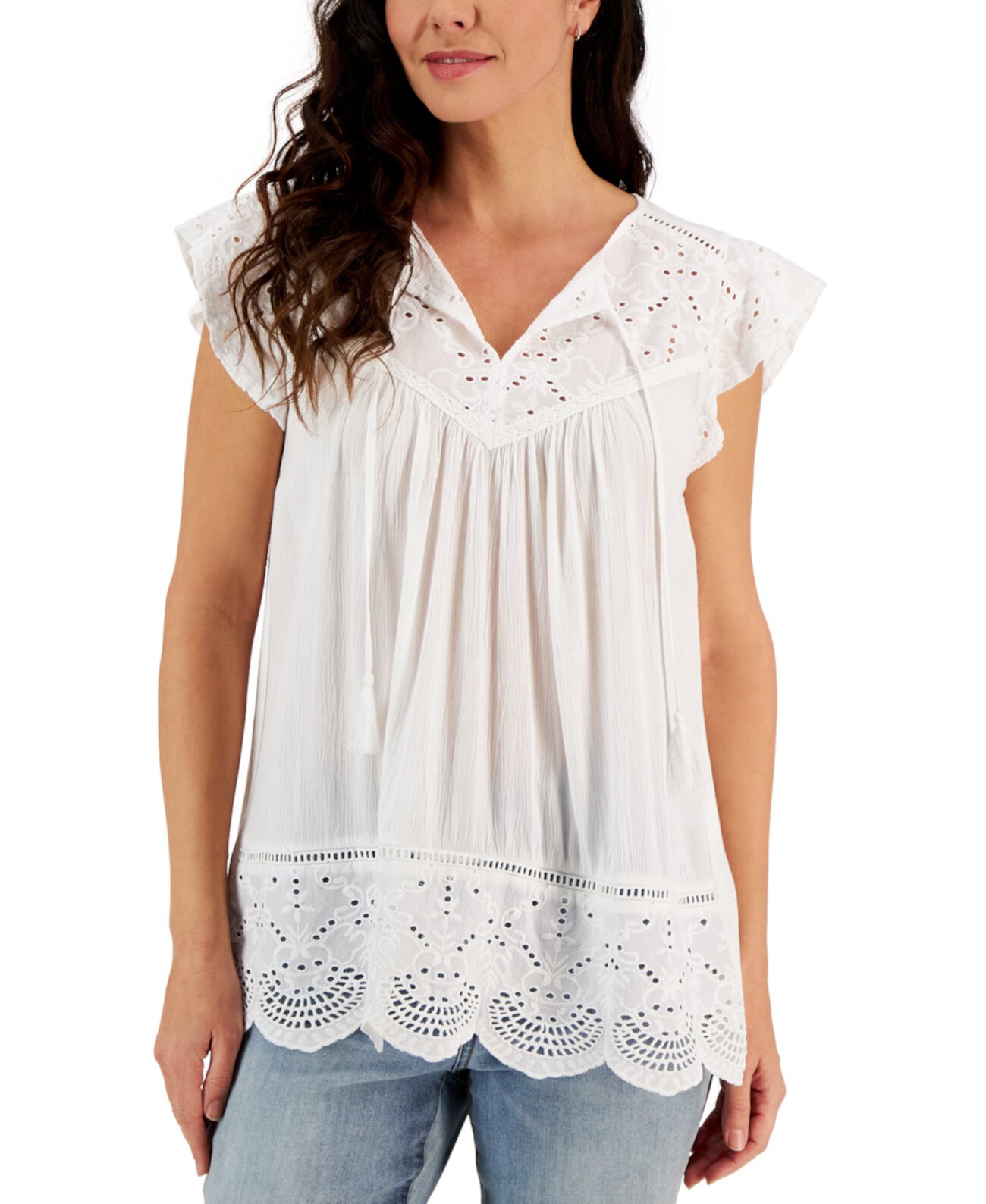 Women's Mixed-Media Lace-Trimmed Top, Created for Macy's Style & Co