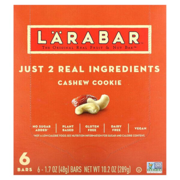 The Original Real Fruit & Nut Bar, Cashew Cookie, 6 Bars, 1.7 oz (48 g) Each Larabar
