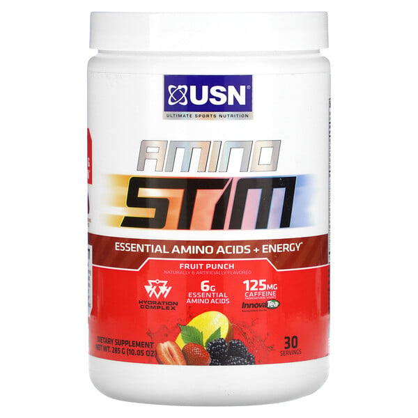 Amino Stim, Незаменимые аминокислоты + энергия, фруктовый пунш, 10,05 унций (285 г) USN