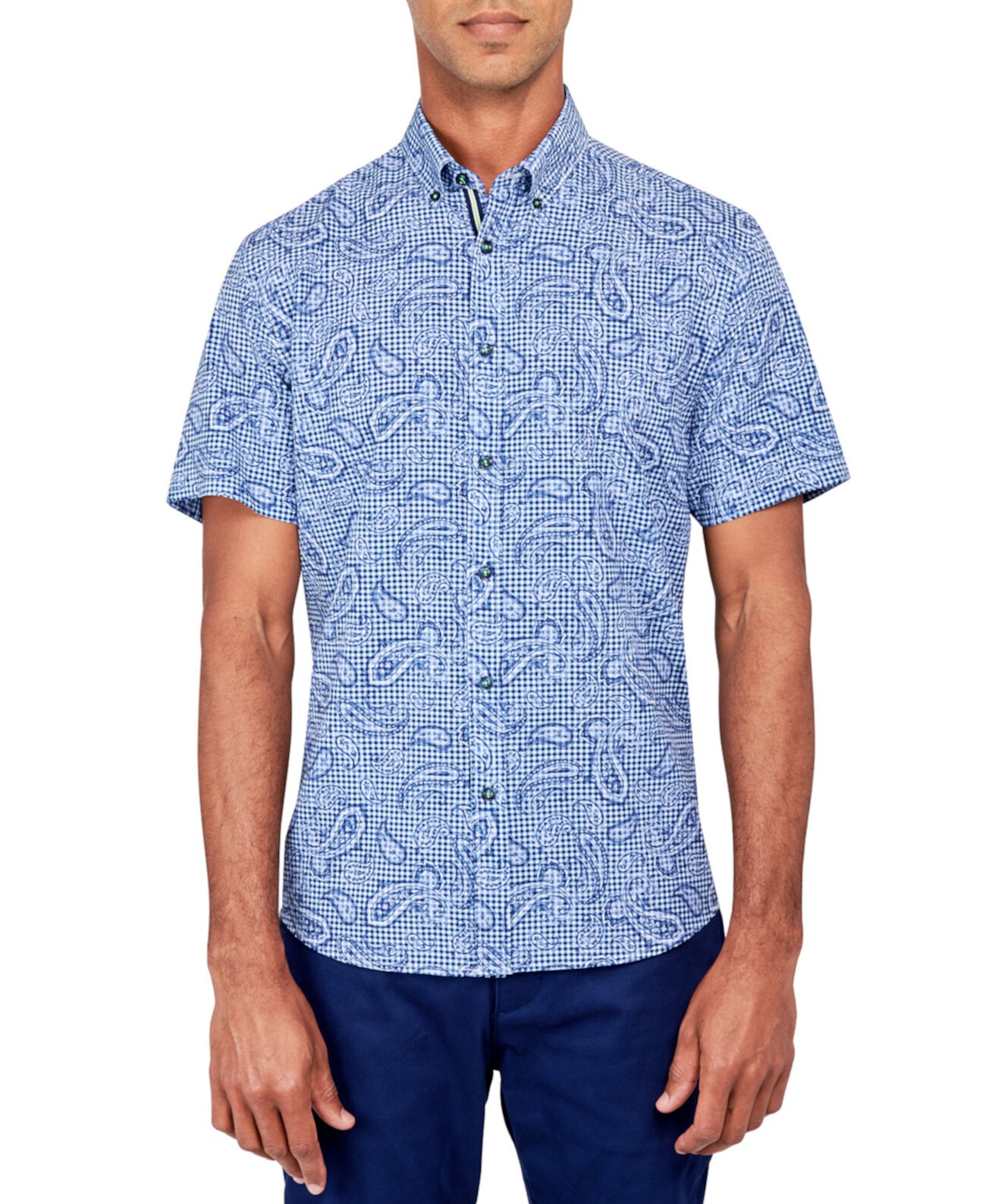 Мужская рубашка на пуговицах из эластичного пейсли в клетку с принтом пейсли, классического кроя, без утюга Society of Threads