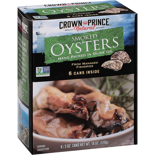 Non-GMO Smoked Oysters in Olive Oil - 6 Cans -- 18 oz Crown Prince