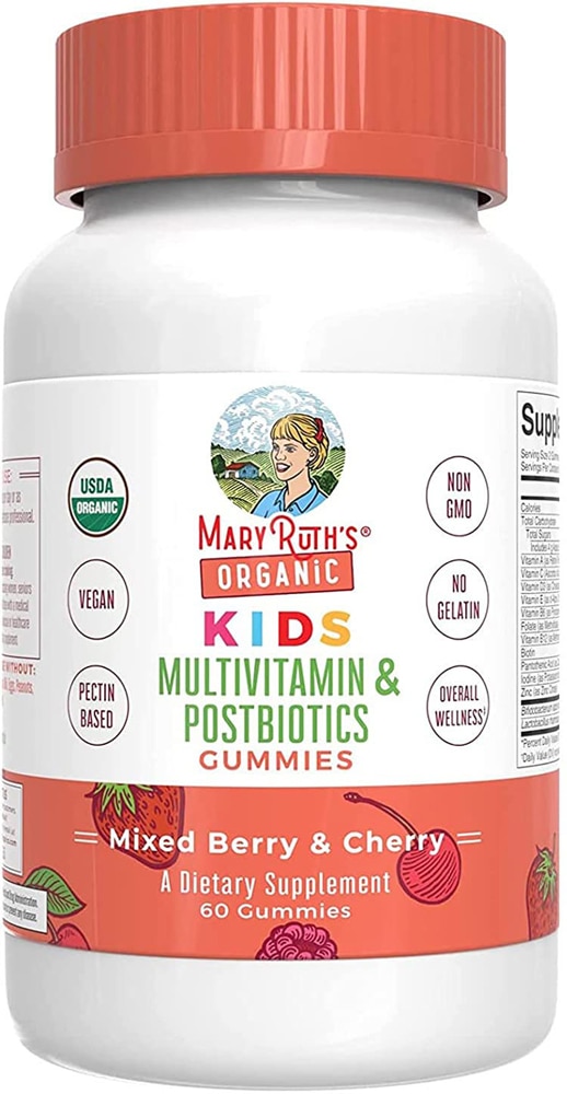 Детские мультивитаминные и постбиотические жевательные конфеты «Смешанные ягоды и вишня» — 60 жевательных конфет MaryRuth's Organics