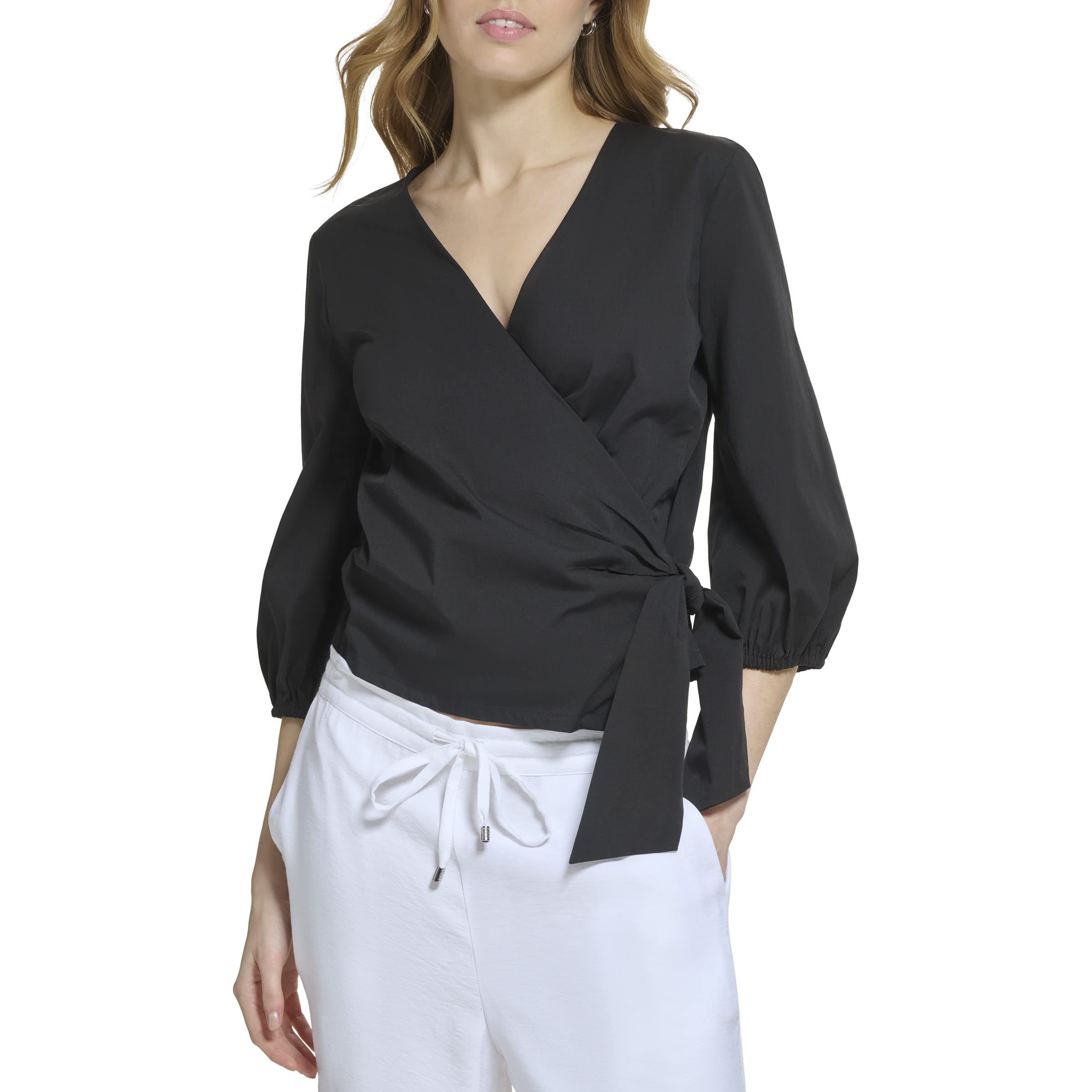 Поплиновая блузка с запахом и V-образным вырезом с длинными рукавами DKNY
