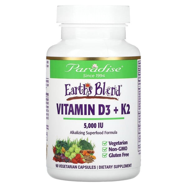 Earth's Blend, Витамин D3 + K2, 5000 МЕ, 90 вегетарианских капсул Paradise Herbs