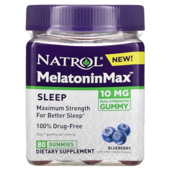 МелатонинМакс, Сон, Черника - 10 мг - 80 жевательных конфет - Natrol Natrol