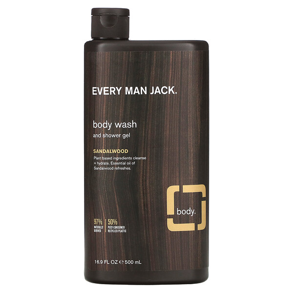 Body Wash and Shower Gel, Sandalwood, 16.9 fl oz (500 ml) Every Man Jack