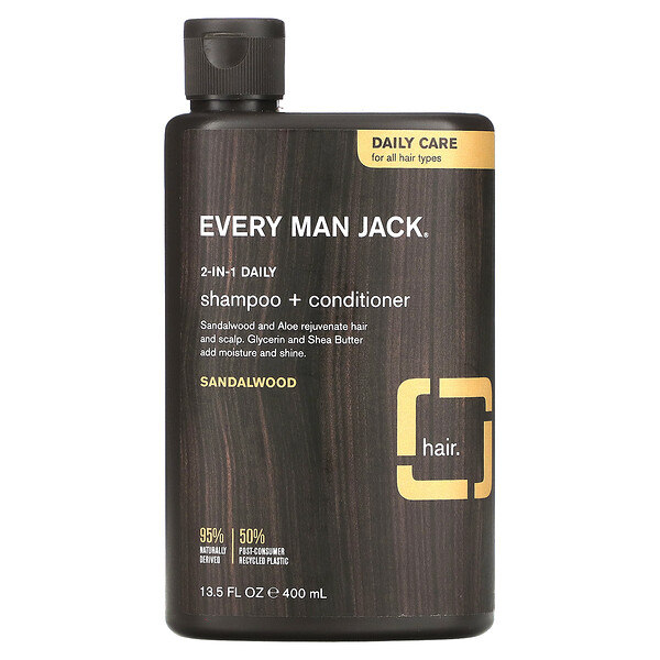 Ежедневный шампунь и кондиционер 2-в-1, для всех типов волос, сандаловое дерево, 400 мл (13,5 жидких унций) Every Man Jack