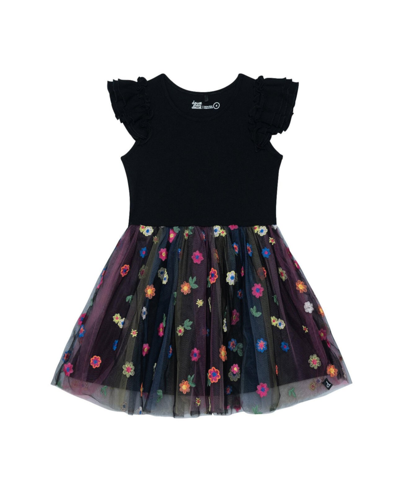 Сарафан Deux par Deux Для девочек Short Sleeve Dress With Embroidered Tulle Skirt Black With Multicolor Flowers Deux par Deux