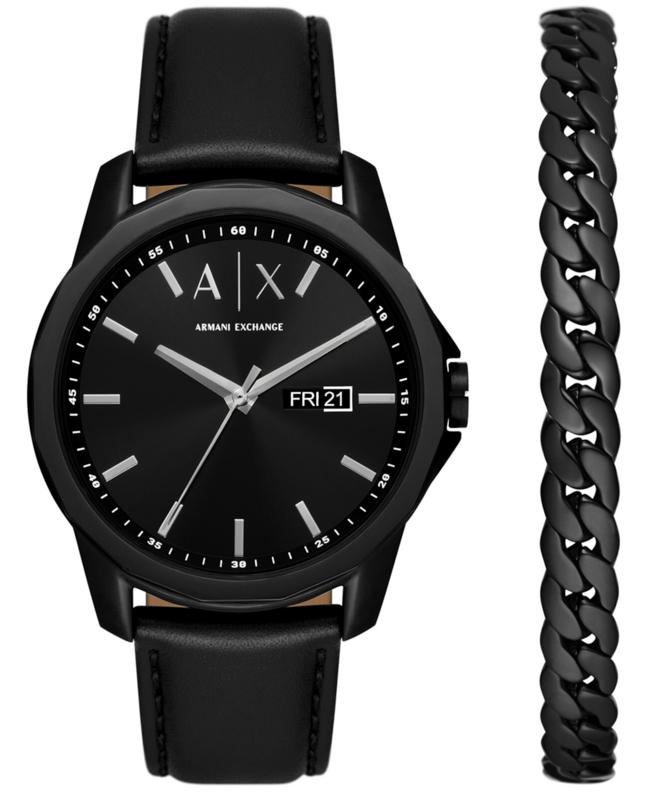 Мужские кварцевые часы Day-Date с тремя стрелками, черные кожаные часы 44 мм и черный браслет из нержавеющей стали Armani