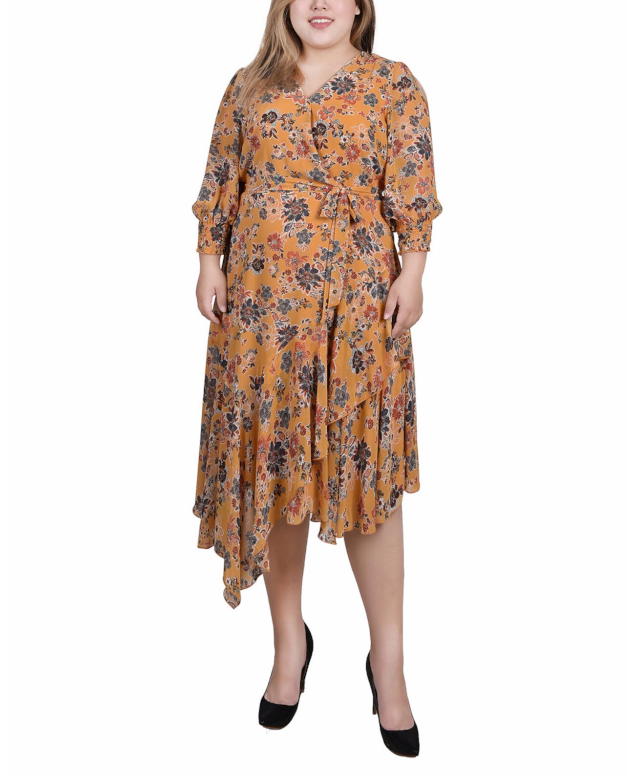 Плюс размер Рукав 3/4 с поясом Шифоновое платочное платье с подолом NY Collection