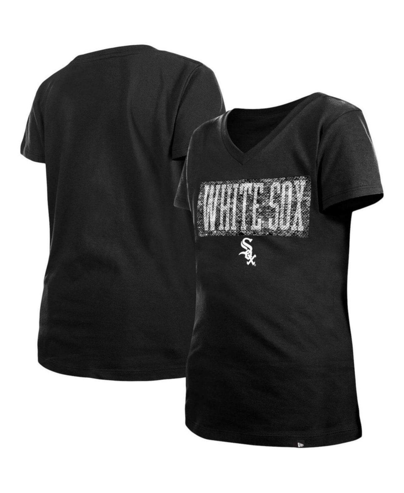 Детская Футболка New Era Flip Sequin Team V-Neck для девочек, Чёрная, Chicago White Sox New Era