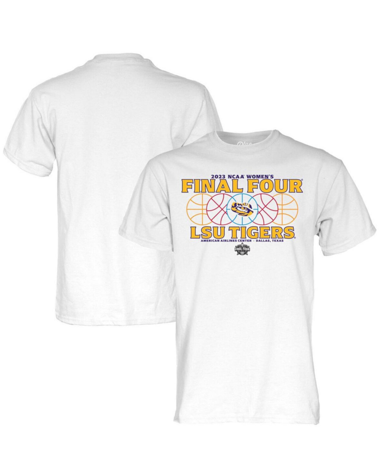 Мужская белая футболка LSU Tigers 2023 NCAA для женского баскетбольного турнира March Madness Final Four Gear Blue 84