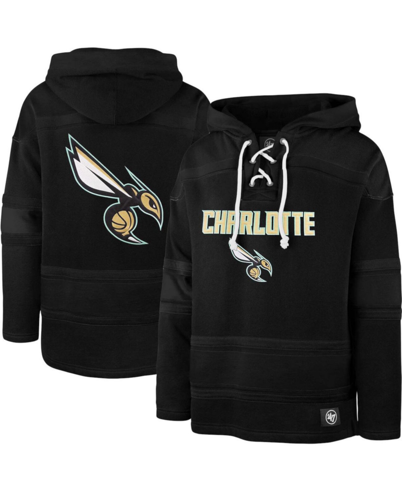 Мужская черная худи Charlotte Hornets 2022/23 Pregame MVP Lacer Pullover - City Edition '47 Brand