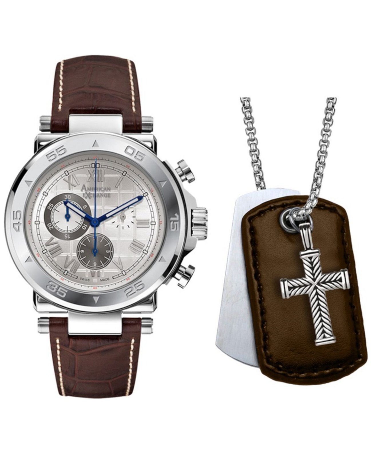 Мужские часы с коричневым кожаным ремешком 44 мм в подарочном наборе American Exchange