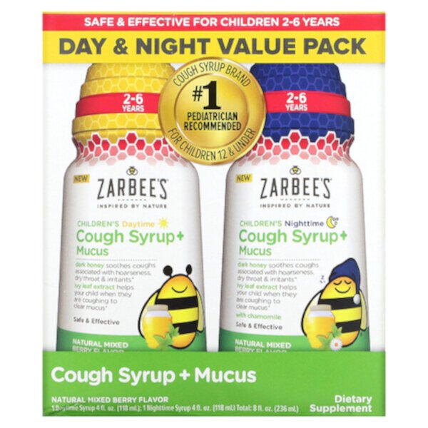 Children's Cough Syrup + Mucus, Dark Honey, Daytime & Night Value Pack, 2-6 Years, Natural Mixed Berry, 4 fl oz (118 ml) Each Zarbee's
