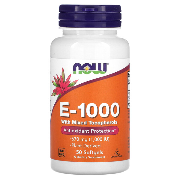 E-1000 with Mixed Tocopherols, 670 mg (1,000 IU), 50 Softgels (Мягкие капсулы) NOW Foods