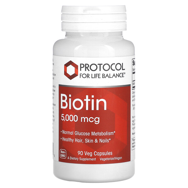 Биотин - 5000 мкг - 90 вегетарианских капсул - Protocol for Life Balance Protocol for Life Balance