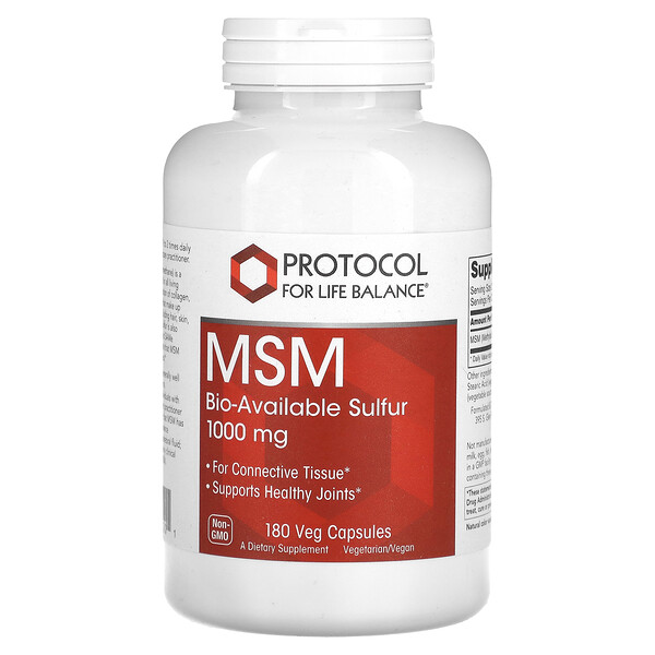 МСМ, 1000 мг, 180 растительных капсул Protocol for Life Balance