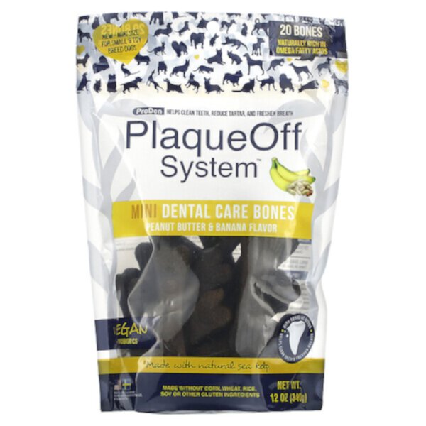 PlaqueOff System, Mini Dental Care Bones, For Small & Toy Breed Dogs, Peanut Butter & Banana, 20 Bones, 12 oz (340 g) ProDen