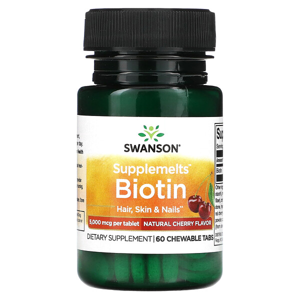 Supplemelts, биотин, натуральная вишня, 5000 мкг, 60 жевательных таблеток Swanson