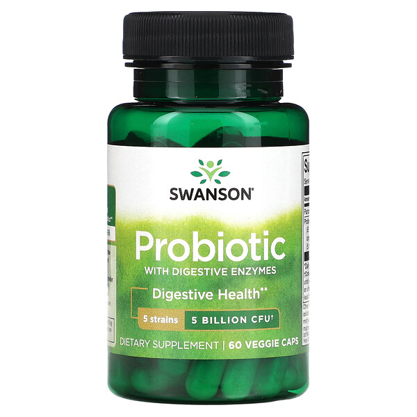 Пробиотик с пищеварительными ферментами, 5 миллиардов КОЕ, 60 растительных капсул Swanson
