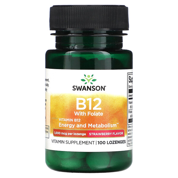 Витамин B12 с Фолатом, Клубника - 1000 мкг - 100 таблеток для рассасывания - Swanson Swanson