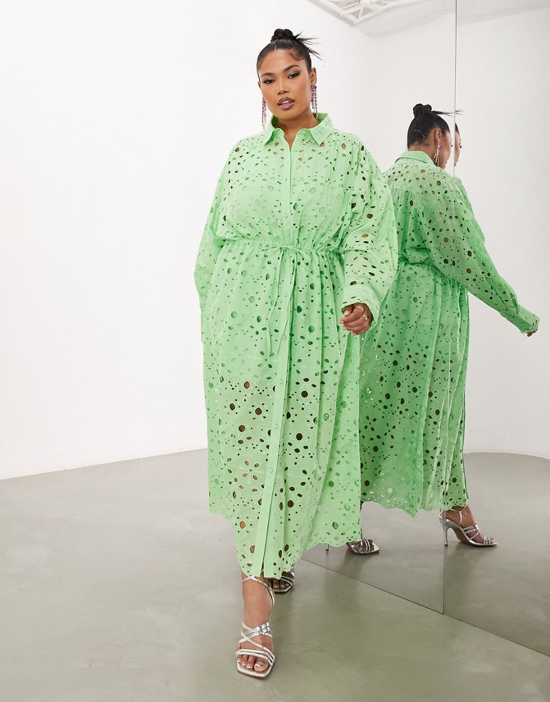 Ярко-зеленое платье-рубашка миди с длинными рукавами и кулиской ASOS EDITION Curve ASOS EDITION