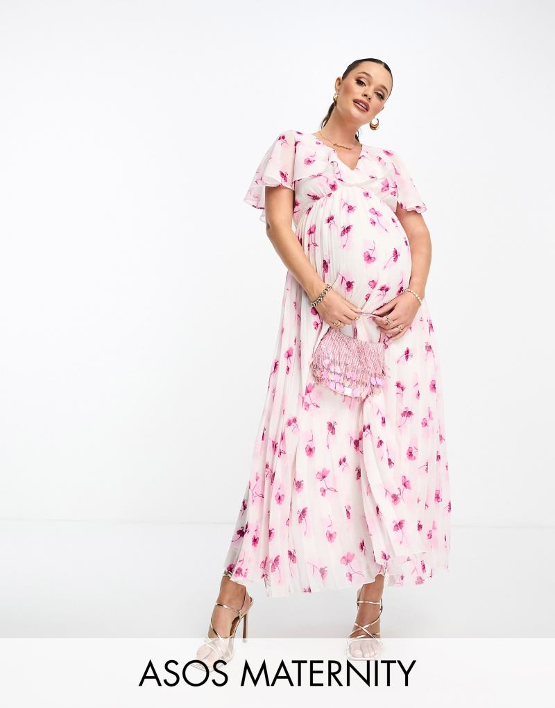 ASOS Maternity Платье для беременных с ангельскими рукавами и цветочным принтом в складку ASOS Maternity