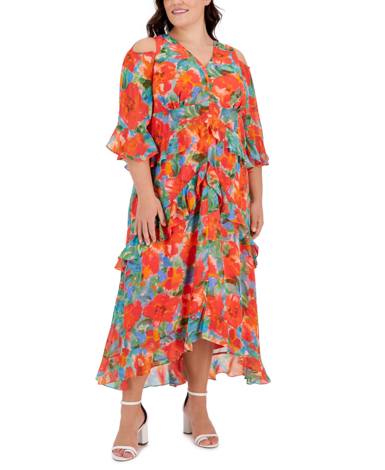 Плюс размер Шифоновое платье миди с цветочным принтом и открытыми плечами Tahari