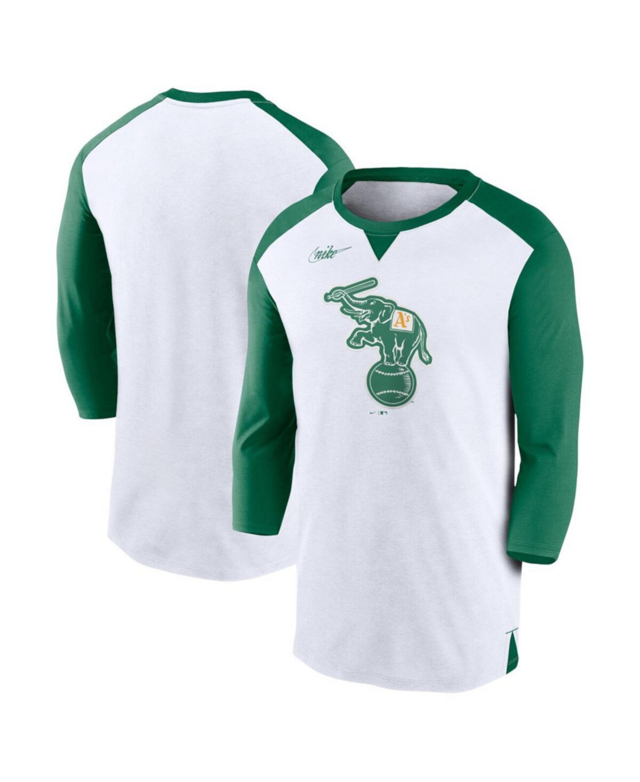 Мужская белая, зеленая футболка Kelly Oakland Athletics с рукавом 3/4 с перемоткой Nike