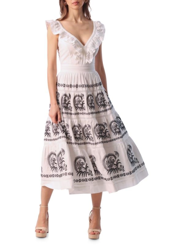 Многоярусное платье миди с оборками и расклешенным принтом Bagatelle