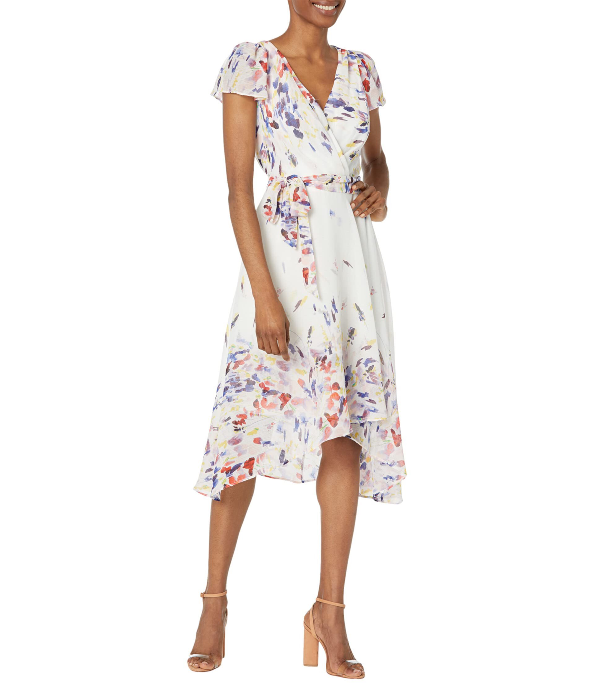 Printed Flutter Sleeve Faux Wrap Midi Dress Dkny