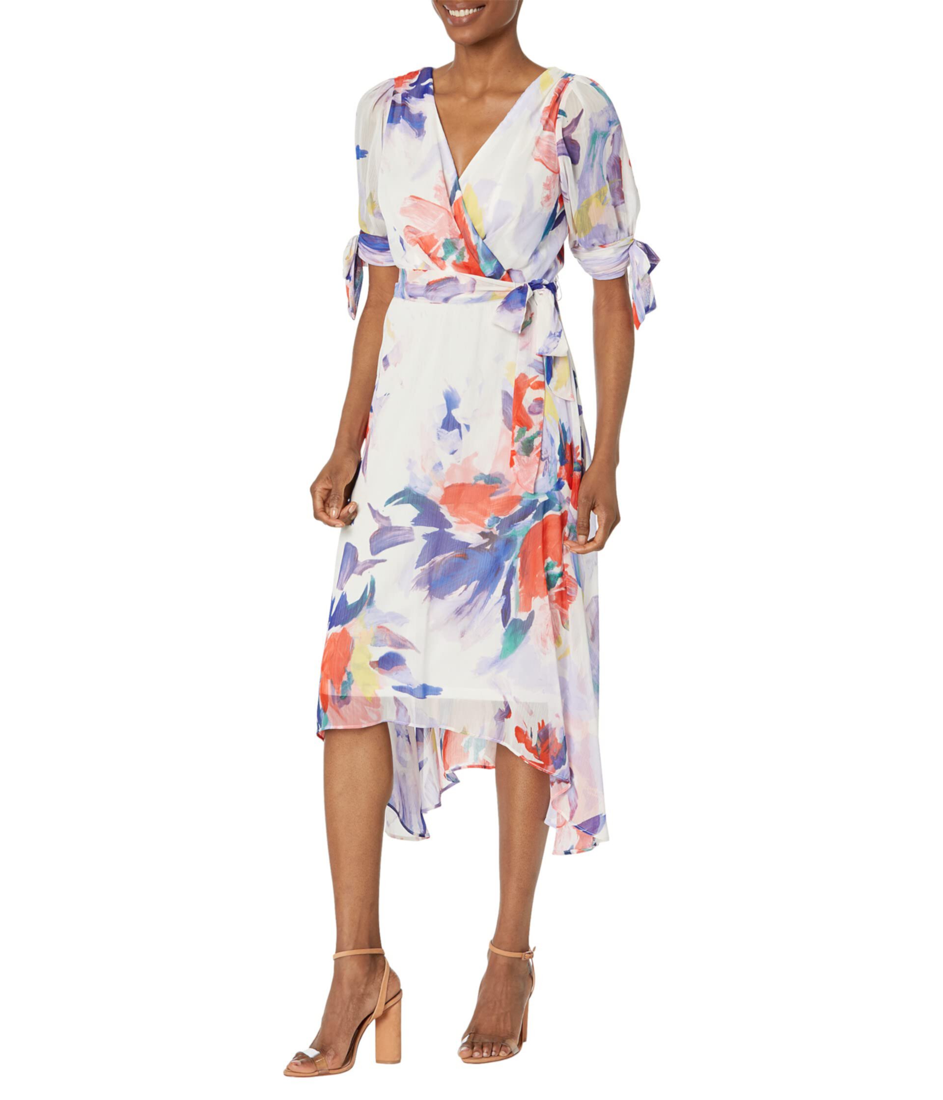 Tie Sleeve V-Neck Faux Wrap Dress Dkny