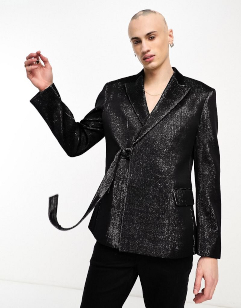 Узкий черно-серебристый плиссированный пиджак с поясом ASOS DESIGN ASOS DESIGN