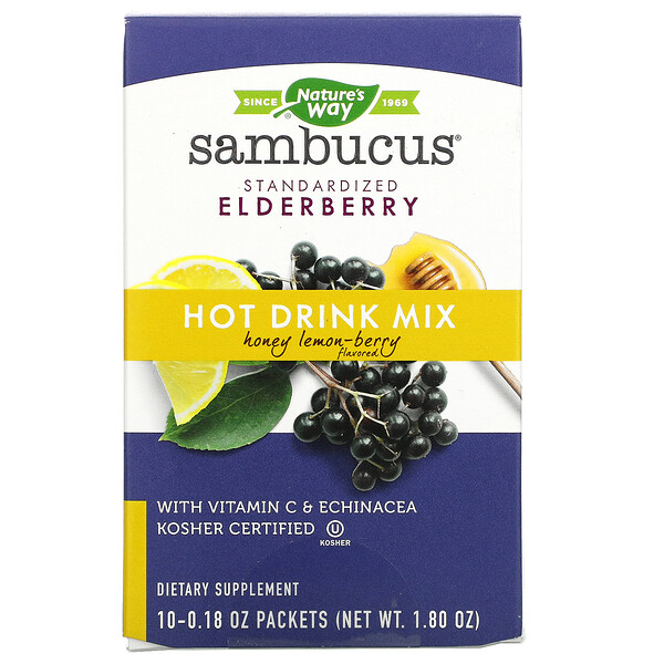 Sambucus, Смесь для горячего напитка, стандартизированная бузина, мед, лимон и ягоды, 10 пакетов (0,18 унции) каждый Nature's Way