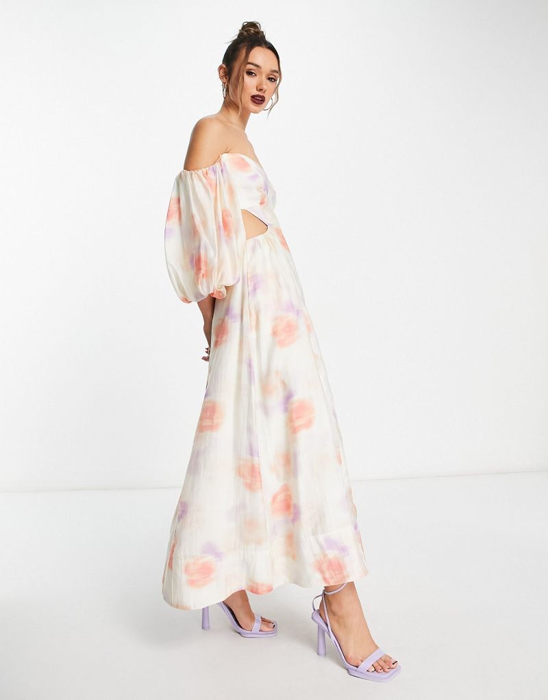 Платье макси с объемными рукавами и вырезами Bardot с живописным цветочным принтом Bardot