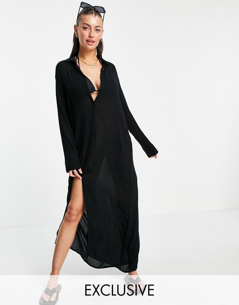 Черное летнее пляжное платье макси-рубашка Esmee Exclusive Esmée