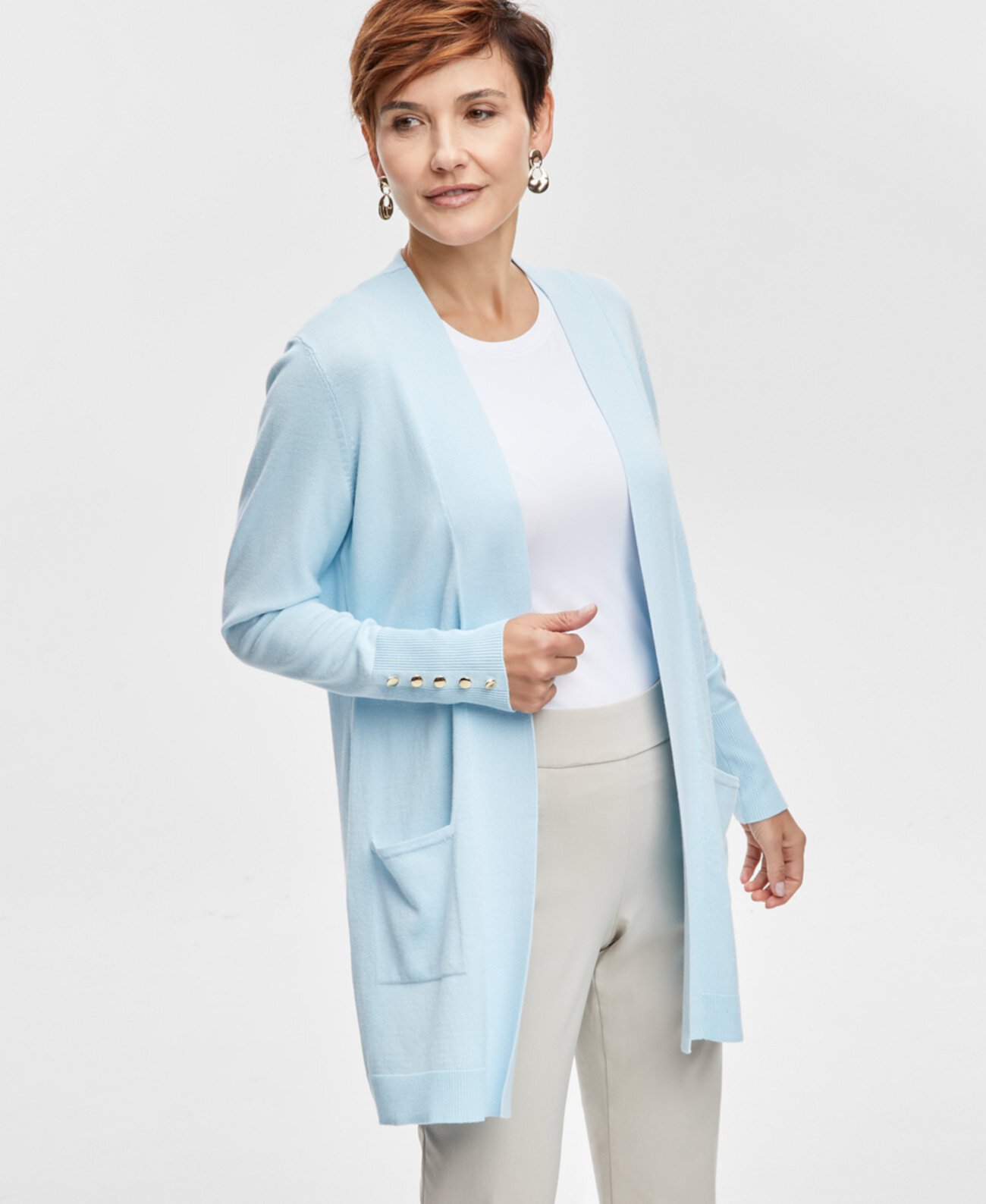 Petite Open-Front Button-Cuff Cardigan, Created for Macy's J&M Collection